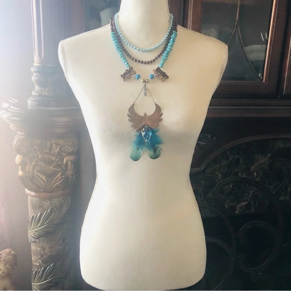 Handcrafted copper eagle Czech Pearl howlite stone clasp necklace